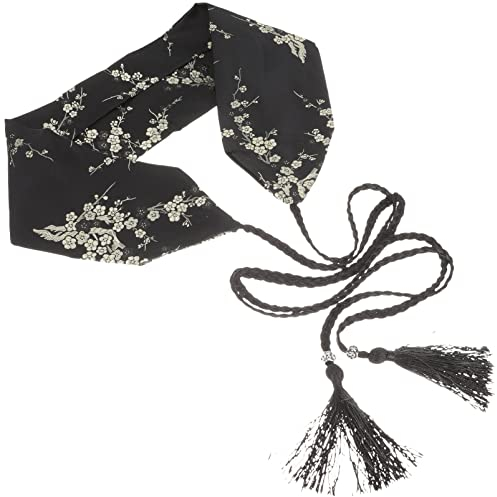 ABOOFAN Japanischer Kimono Gürtel Chinesisches Hanfu Breiter Bund Japanischer Stil Bestickte Bundbänder Gürtel mit Quaste für Yukata Robe Zubehör Schwarz Yukata Gürtel Frauen