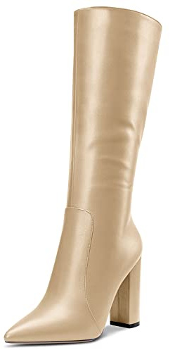 Aachcol Donna Stivaletti Metà polpaccio Chiusa a Punta Chunky Blocco Alto High Tacco Heel Dress Scarpe Matte Cerniera Sexy Oro 10 CM 35 EU