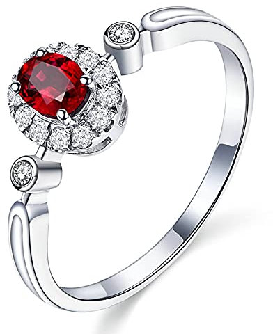 Bishilin Damen Ringe Weißgold 750, Ehering Halo mit Oval Rubin 0.5ct Hochzeitsring Weißgold Verlobungsring Diamant Größe 58 (18.5)