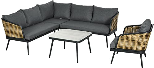 Outsunny Gartenmöbel-Set, 5 TLG. Rattan Sitzgruppe mit Kissen, Sitzgarnitur mit 1 Couchtisch, 1 Ecksofa, 2 Zweisitzer, 1 Sessel, Balkonmöbel, für Garten, Terrasse, Alu, Sand