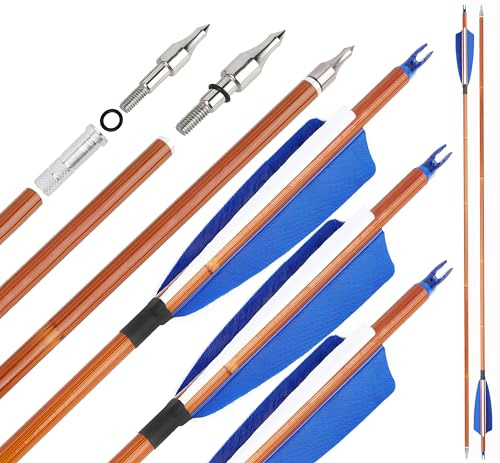 31 Zoll Carbonpfeil mit 4 Zoll Natürliche Feder 500 Jagdpfeile mit austauschbarer Pfeilspitze für Compound und Recurve-Bögen, 12/6 Stück (6 Stück, blau)