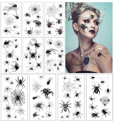 Araignée Tatouage Temporaire,10 Feuilles Halloween Araignée Tatouages Temporaires, Halloween Tatouages Temporaires,Tatouage Halloween pour Visage, pour Halloween Maquillage Carnaval Cosplay (A)