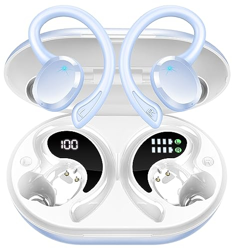 Bluetooth Kopfhörer Sport, Kopfhörer Kabellos Bluetooth 5.3 HiFi Stereo, 13 mm Treiber Wireless Earbuds mit HD Mic, 48Std in Ear Ohrhörer mit Bügel, IP7 Wasserdicht/800mAh USB-C LED Ladebox, Hellblau
