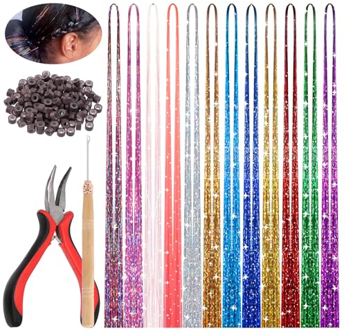 Mardatt 214pcs Hair Tinsel Kit Includes 12 Colors 2760 Strands Tinsel Hair Extensions, Silicone Link Ring Bead, Pliers, Crochet, 47 Inch Glitter Hair Tinsel Set Hair Tinsel Heat Resistant for Girls
