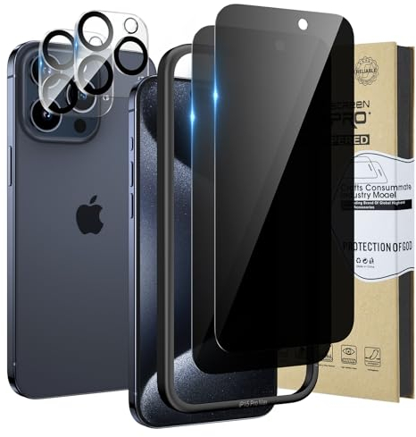 HWeggo 2+2PACK für iPhone 15 Pro Max Blickschutz-Displayschutzfolie und Kameraobjektivschutz Kostenloses Case mit einfachem Installationstablett HD Klar 9H Härte