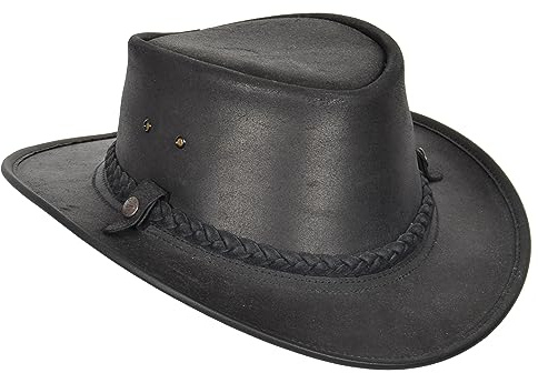 Original Australian Bush Hat Real Leather Cowboy Style Black Brown (M, Black)