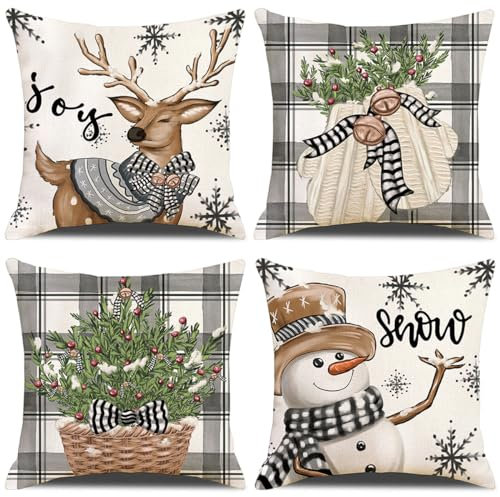 ZHAOMIMI Set di 4 Cuscini Divano cuscini natalizi piante verdi Cotone Biancheria Decorativo cuscini natale 45x45 cm
