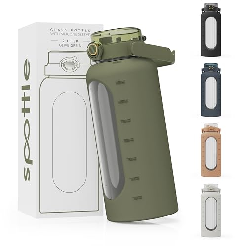 spottle Bouteille en verre de 2 l - Gourde de 2 l avec paille - Grande bouteille d'eau avec étui de protection en silicone - Anti-fuite - Passe au lave-vaisselle - Sans BPA
