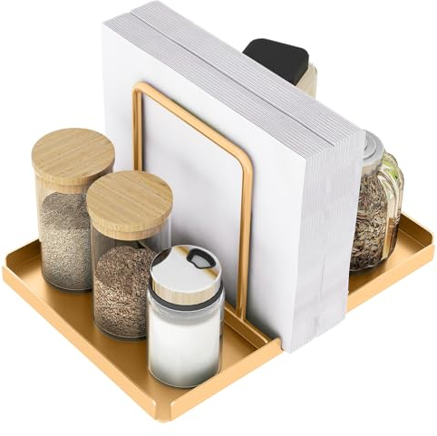 STWWO Servilletero dorado, servilletero de metal con Caddy para salero y pimentero, dispensador de servilletas para mesa, accesorios de cocina, servilletas, soporte para decorar, actualización de 14cm
