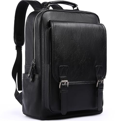MATE ELAN Sac à Dos en Cuir Imperméable Pour Ordinateur Portable, Sac a Dos Homme Femme,Leather Backpack Pu Voyage, Randonnée, Camping, Affaires, Décontracté, Université, Noir, Vintage, Business