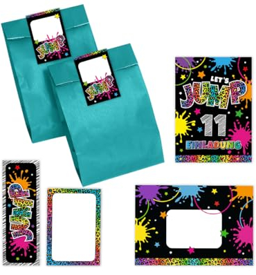 12 Einladungskarten zum 11. Kindergeburtstag Mädchen Jump Trampolin Einladungen elfte Geburtstag incl. 12 Umschläge, 12 Partytüten/petrol, 12 Aufkleber, 12 Lesezeichen, 12 Mini-Notizblöcke