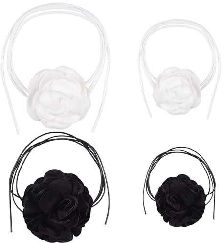 NICECRAFT 4 Pack Vintage Flower Necklaces, Adjustable Elegant Boho Floral Choker Fabric Black White Rose Necklace for Women Girls Bride Party Birthday Wedding