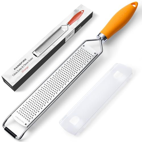 Rainspire Zester Grater with Handle, Lemon Zester Cheese Grater for Kitchen Stainless Steel, Parmesan Cheese Garlic Nutmeg Chocolate Fruits Vegetables Ginger Grater, Fine, Orange