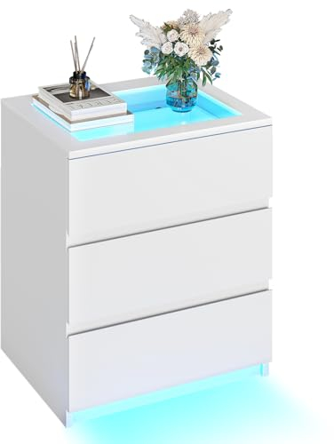 AOGLLATI Nachttisch mit LED-Beleuchtung, Beistelltisch, 3 Schubladen, Holz Nachtschrank für Schlafzimmer, Wohnzimmer, Arbeitszimmer, Weiß