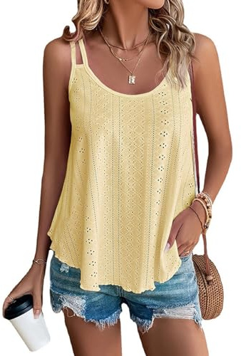 SEDEX Women's Loose Fit Tank Top, Sleeveless Vest with Spaghetti Straps, Round Neckline, Eyelet Embroidery Material, Casual Tee for Summer