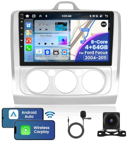 Inefala 8 Núcleos 4+64G Android 15 Radio para Ford Focus 2004-2011, 9 Pulgadas HD Pantalla Táctil con Inalámbrico CarPlay y Android Auto, Navegación GPS, AHD Cámara Trasera, FM/RDS, Bluetooth