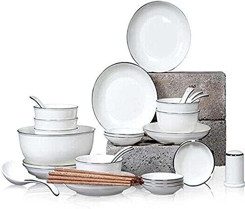 Geschirr-Sets, Geschirr-Set, 38-teilig, Bone China-Keramik, einfaches Kombi-Set, Porzellan-Geschirr-Set bestehend aus Schüsseln/Tellern/Topf/Löffel für 6 Personen
