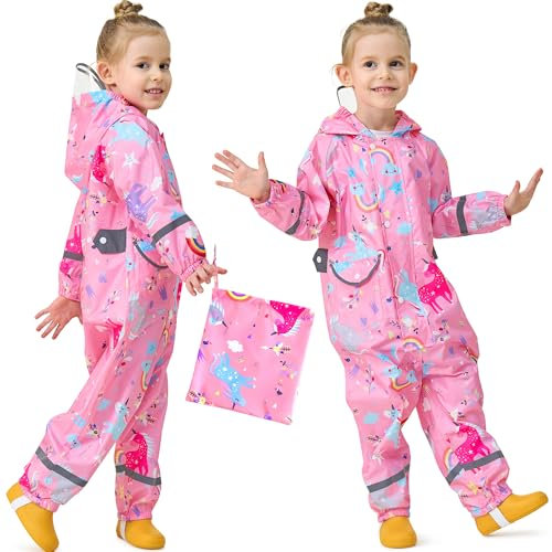 Baogaier Fille Imperméable à Capuche Combinaison, Manteau de Pluie Dessin Animé Mignon Cape Pluie Enfant Léger Bande Réfléchissante Rain Poncho, Imprimé Licorne Rose Pour 7-9 Ans