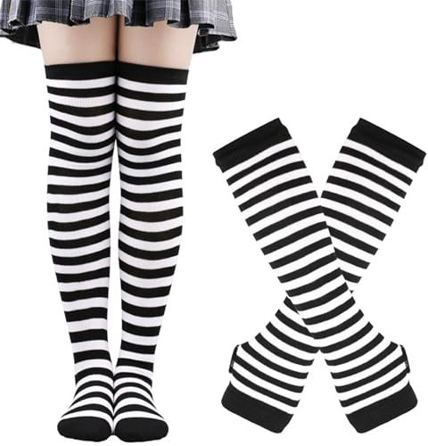 Shengxi Gestreiften Kniestrümpfe Damen und Fingerlosen Handschuhen Set, Frauen Armstulpen Beinlinge, Hohe Socken und Fingerlose Handschuhe Set für Damen Mädchen Kostüm Party Halloween (Weiß)