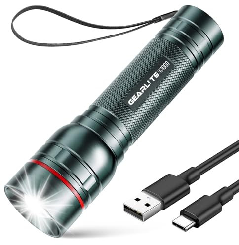 GEARLITE Lampe de poche LED rechargeable, 2000 lumens, pour enfant, avec 3 modes, mini lampe de poche zoomable avec longue durée de vie, étanche IP65, pour camping, pêche, urgence, extérieur, gris