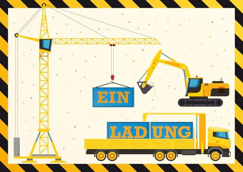 Edition Colibri 10 Baustellen-Einladungen für den Kindergeburtstag, Kran, Lastwagen, Bagger, Set mit Baustellenfahrzeugen für Jungen und Mädchen (11153DE)