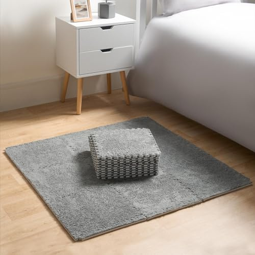 OHS 36 Interlocking Foam Mats, Teddy Fleece Play Mats for Toddlers Babies Kids Floor Mats for Playing Durable Exercise Floor Tiles Foam Squares, Grey - 30cm x 30cm