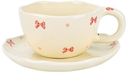 Koythin Ceramic Coffee Mug with Saucers, Handmade Flowers Mugs, Cute Cup for Girl Women, Aesthetic Tea Milk Cup with Handle, 8.5 oz/250 ml for Latte, Cocoa, Office, Home (Cute Bow)