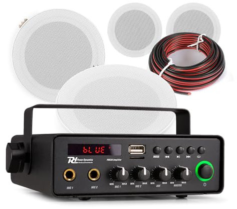 Power Dynamics 4x PD MSLP50 Marine Ceiling Speakers with 12V Amplifier, IPX5 Waterproof, Bluetooth Weatherproof Outdoor Audio for Boats, Caravans & Vehicles