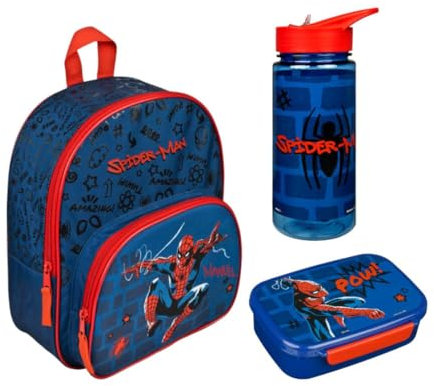 Kindergartenrucksack Spider-Man Jungen mit Brotzeitdose Trinkflasche - Personalisiert mit Name - Set Kinderrucksack mit Brotdose Trinkbecher