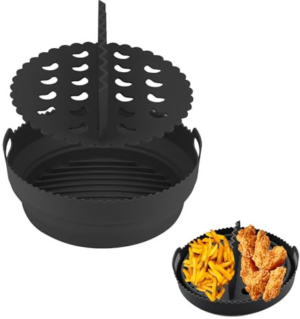 Silicone pour Friteuse à Air Chaud, Silicone Réutilisables pour Friteuse à Air Comprimé, Moule en Silicone avec Séparateurs, pour Friteuse Air, Micro Ondes, Four, Ronds, Noir