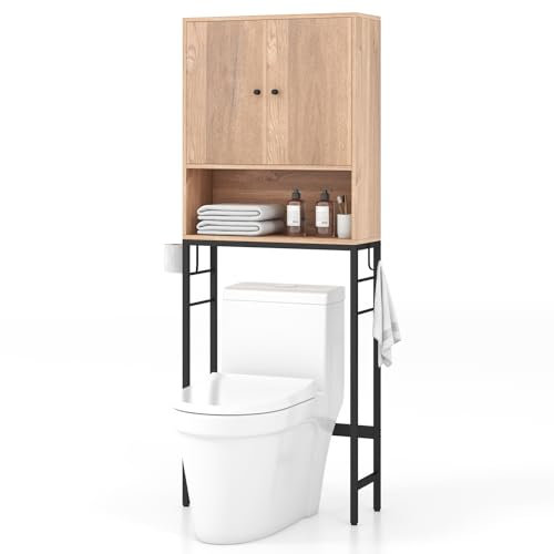 COSTWAY Over Toilet Storage Unit, Freestanding Bathroom Space Saver with 2 Doors, Open/Adjustable Shelves and 2 Side Hooks, Metal Frame Wooden Above The Toilet Cabinet Laundry Organizer Rack (Natural)