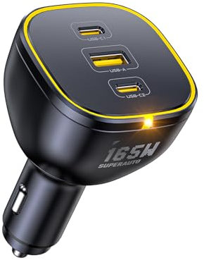 AOHI 165W Laptop Auto Ladegerät 140W PD 3.1/ 100W PD 3.0 USB C Superschnellladegerät PPS 45W 3-Ports QC5.0 Zigarettenanzünder-Ladegerät für MacBook Pro, iPhone 16/15, Galaxy S24 Ultra, iPad, Schwarz