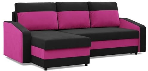 Mebligo - Ecksofa mit Schlaffunktion und Bettkasten Orion, Eckcouch Universelle Seite, Sofa L Form (BxTxH) 231 x 140 x 85 cm, Couch Wohnzimmer, Ecke Sofa, Schwarz + Rosa (Mikro 15 + Mikro 28)