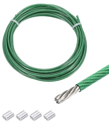 QUARKZMAN Drahtseil Edelstahl 5M x 3 mm Stahlseil PVC ummantelt mit 4 Aluminiumhülsen Sicherungsdraht Aufhänger für Bilder Vorhang Geländer Outdoor Gartenmöbel Sonnensegel, Grün