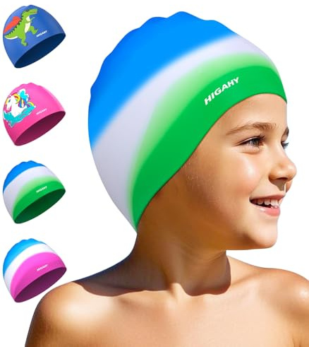Badekappe Kinder - wasserdichte Badehaube mit UV-Schutz und rutschfest | Silikon Schwimmkappe Kinder für 3-15 Jahre,Verstärkte Kanten, Antirutsch-Innenfutter Geeignet für Schwimmen Tauchen