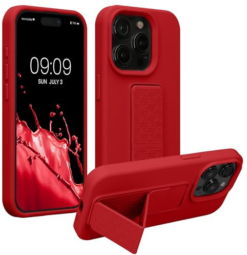 kwmobile Case Compatible with iPhone 15 Pro Max - Case with Hand Strap and Stand Soft TPU Silicone Coating - Red