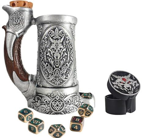 TCGADVN DND Mug Dice Tower Set, DnD Dice Cup with Storage, 12/16 Oz Beverage Holder, DND Accessories for Players, Best Gift for RPG Game lover (Wolf Bite)
