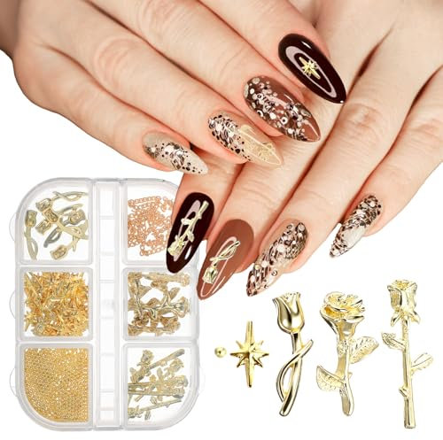 1 Satz Blumen Nagelkunst Charms Gold Rosen Nägel Anhänger aus Metall, Nail Charms Gold Rosen Blumen Nagelzubehör für Frau Mädchen Kreative Nageldesigns DIY-Basteldekorationen