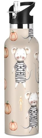 Cute Mice Pumpkins - Botellas de agua con tapa con pajilla, botella de agua aislada de acero inoxidable para niños y niñas, 20 onzas, a prueba de fugas, doble pared al vacío