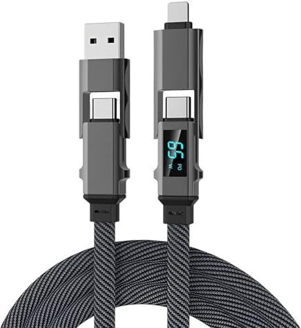 Tuwonwa 4 in 1 Multi Charger Cable, 4 in 1 LED Display 65W USB Cable, USB C to C, USB A to C, Multifunction Charger Lead with Nylon Braided Zinc Alloy, Multiple Charger Cable, Fast Charging Max 65w