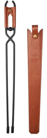 Flaroey Camping Bonfire BBQ Anti Scalding Charcoal Tongs Portable Carbon Steel Fire-Tongs Firewood Tongs with Leather Sheath B