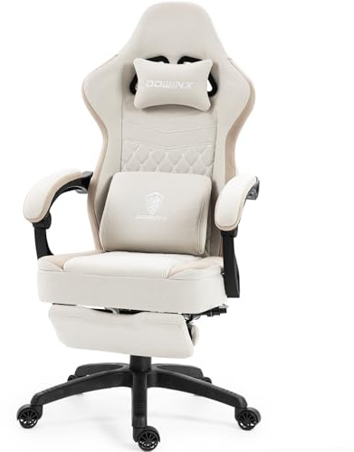 Dowinx Gaming-Stuhl Stoff mit Ausziehbare und Klappbare Fußstütze, Ergonomischer Bürostuhl mit Gelkissen und Taschenfederkissen, Massage Gaming Sessel Gamer Chair für Erwachsene Beige