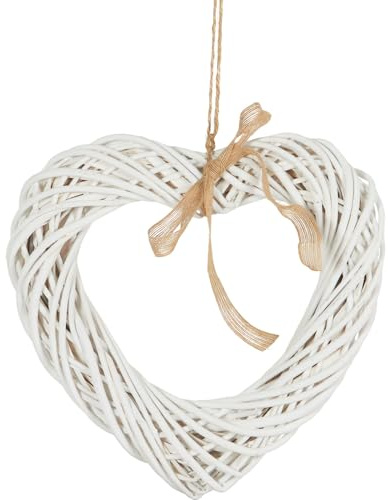 Biznest Driftwood Heart Shaped Wreath With Ribbon Wall Hanging Wicker Ornament Rustic Display Home Decor Artwork Sculpture Special Occasions Gift Idea 40 X 35 X 7 Cm (WHITE)