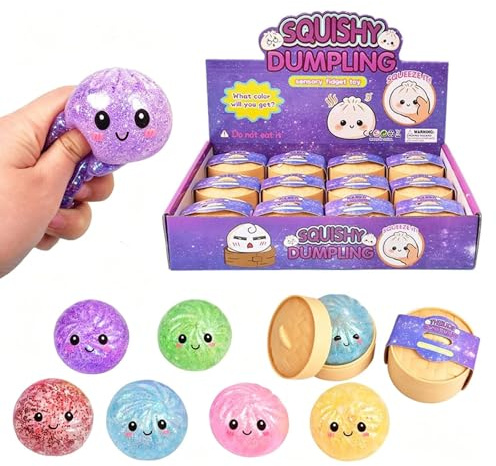 Set di 12 dumpling squishy glitterati, a forma di gnocchie, Squishy Dumplings Mystery Box, giocattoli sensoriali scintillanti, giocattoli flessibili in TPR Fidget con confezione per cottura a vapore