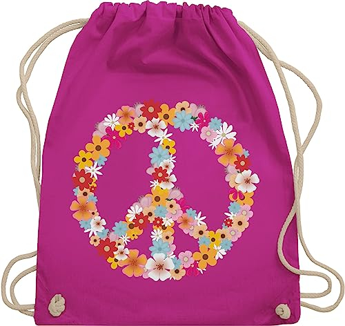 Turnbeutel Rucksack - Sprüche Statement - Peace Flower Power Hippie Peace Zeichen I Friedenszeichen I 90er I 70er - Unisize - Fuchsia - festival turnsack mit aufschrift 90s beutel sportbeutel retro