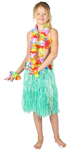 Foxxeo Hawaii Set für Kinder 5 Teile türkis Hula Blumen Kette Party Bast Rock Strand