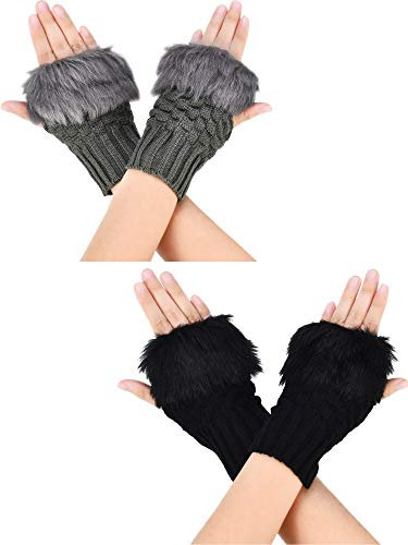 Boao 2 Paare Fingerlose Winter Handschuhe Kurze Touchscreen Handschuhe Daumenloch Handschuhe Gestrickte Warme Handschuhe mit Kunstpelz zum Weihnachten Valentinstag (Schwarz und Dunkelgrau)