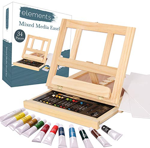 Elements Mixed Media Easel Art Set – 34-Piece Wooden Desktop Easel Box Painting Kit with Acrylic Paints, 3 Canvas Boards and Oil Pastels – Portable Artists Paint Set