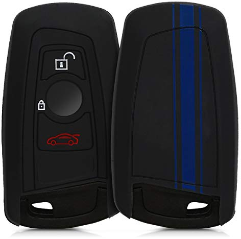 kwmobile Autoschlüssel Hülle kompatibel mit BMW 3-Tasten Funk Autoschlüssel (nur Keyless Go) Hülle - Schlüsselhülle Rallystreifen Sidelines Blau Schwarz