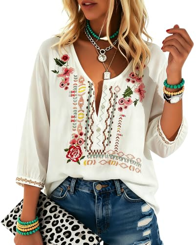 Higustar Blusas mexicanas bordadas para mujer, estilo bohemio, hippie, túnica, fiesta, talla grande, estilo bohemio, campesino